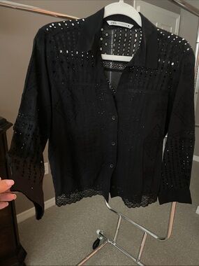 Zara Black Eyelet Button-Down Shirt